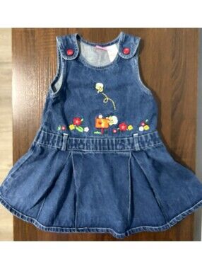 Duck Head Size 3T Denim Jumper Dress Bees Flowers Embroidered Pleats